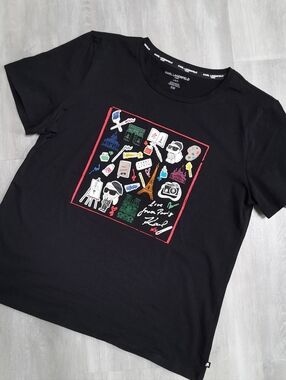 Karl Lagerfeld Black Tee with Colorful Travel & Fashion Patch Size L